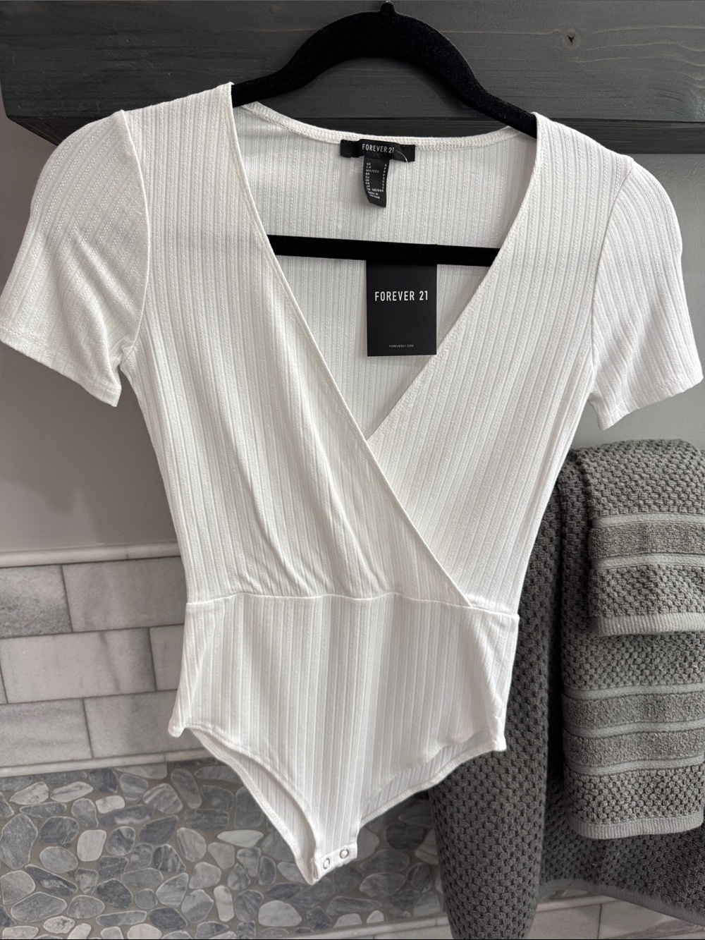 Forever 21 White Ribbed Wrap-Front Short Sleeve Bodysuit